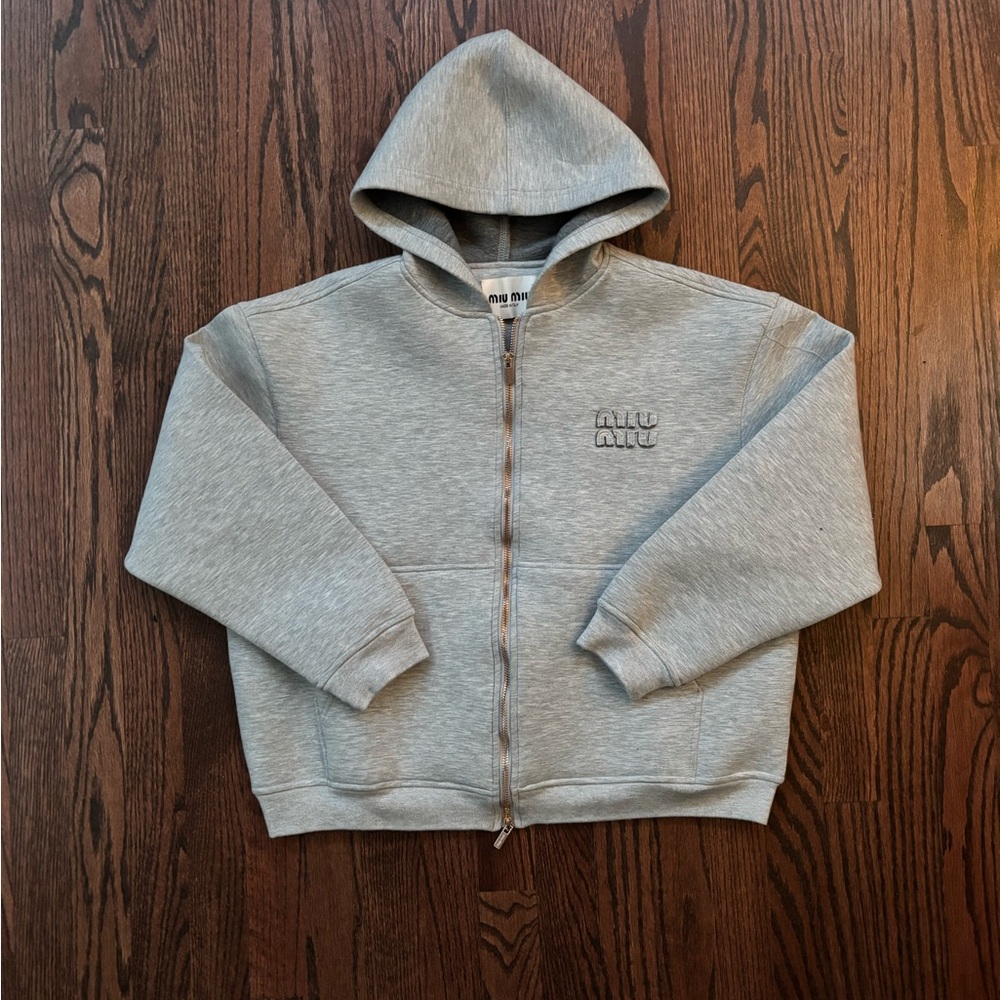 Unisex Miu Miu Grey Cropped Scuba zip up Hoodie (Fits M)